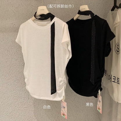 【L8939】Y.JIA韓系設計感日常☁️收腰顯瘦氣質圓領短袖T恤上衣(附絲巾)260602