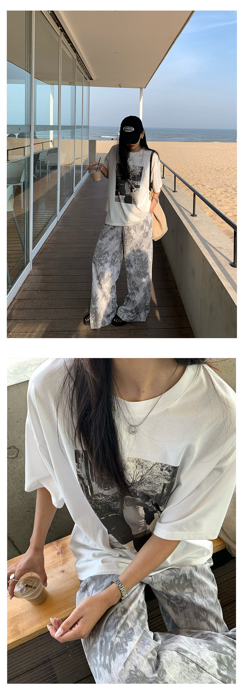 【H5289】實拍韓系復古印花高級感舒適闊腿褲（後鬆緊腰）250603