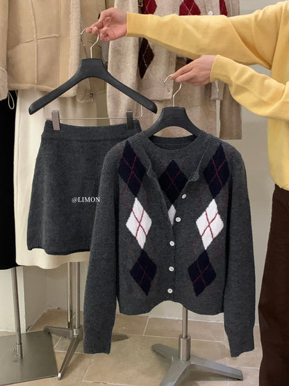 【L6880】實拍檸檬秋冬菱格針織開衫+圓領背心+針織裙251117