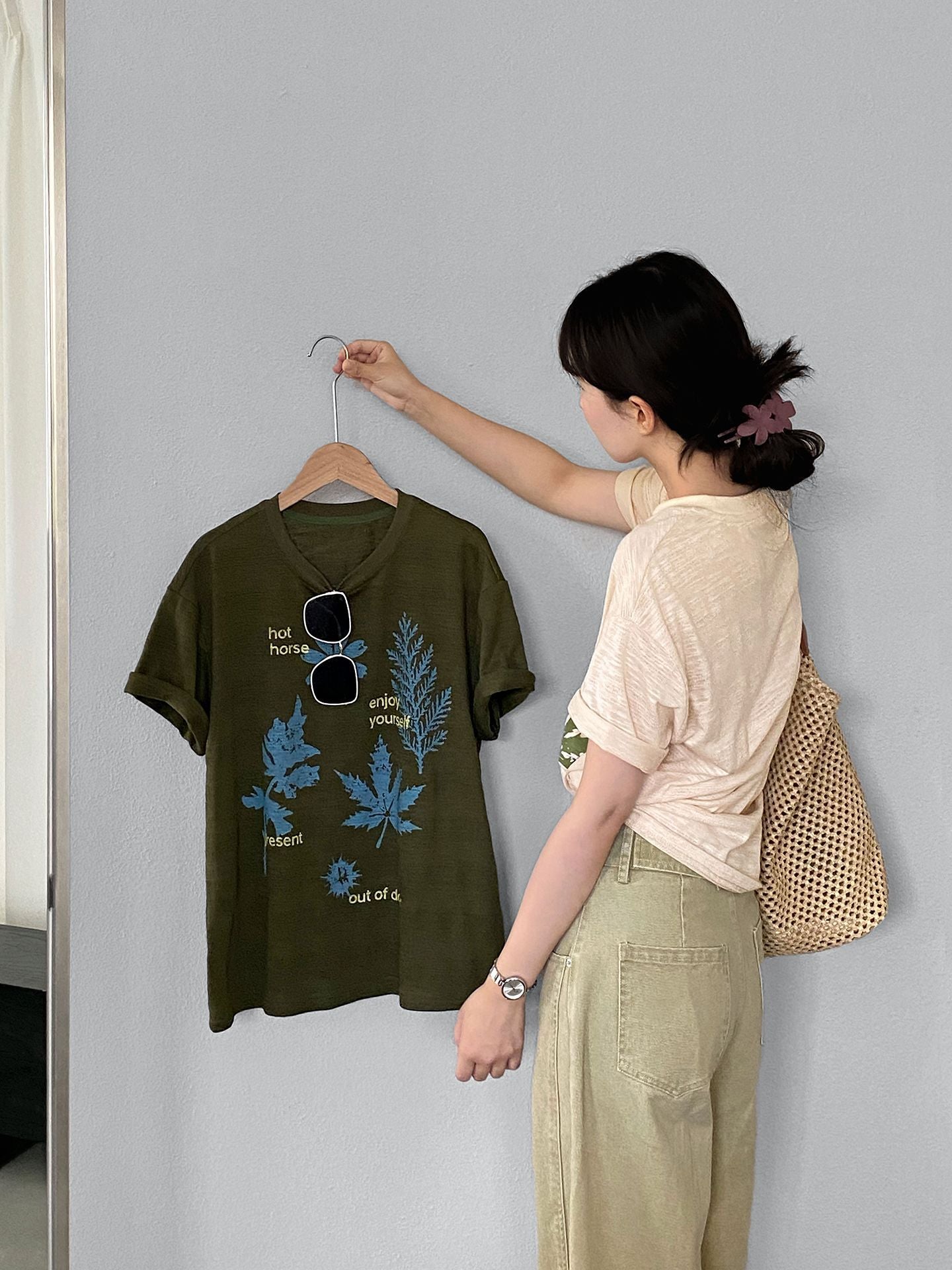 【cimz1973】夏日森林系女孩🍃韓系復古樹葉印花寬鬆高級感短袖T恤260709