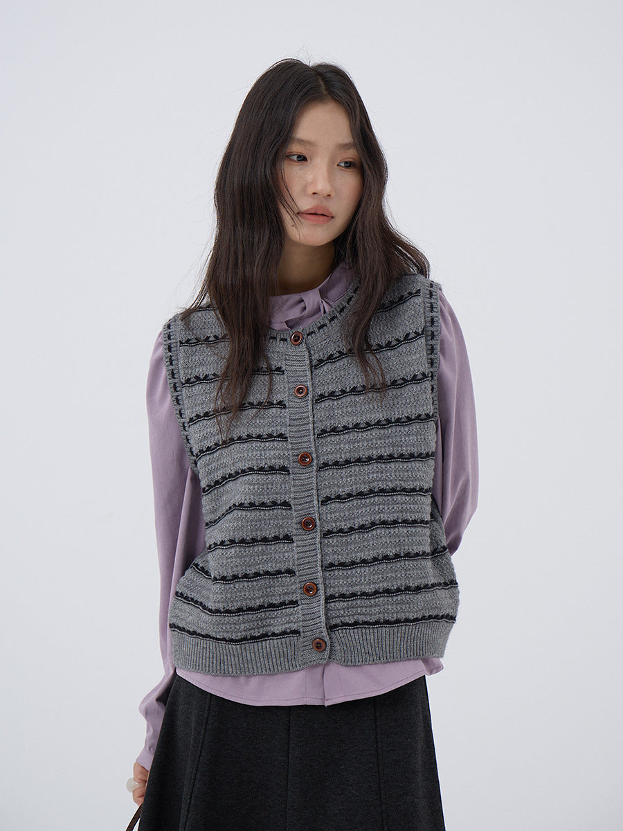 【LD3278】實拍小圓領長袖襯衫+條紋針織背心（分開下單）251103