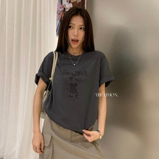【L10378】陽光元氣女孩☀️韓系休閒字母小狗印花寬鬆顯瘦圓領短袖T恤260518