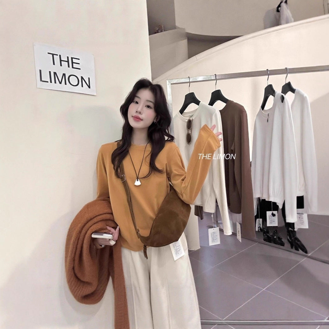 【L9257】實拍檸檬長袖雲朵絨舒適簡約圓領長袖T恤251117