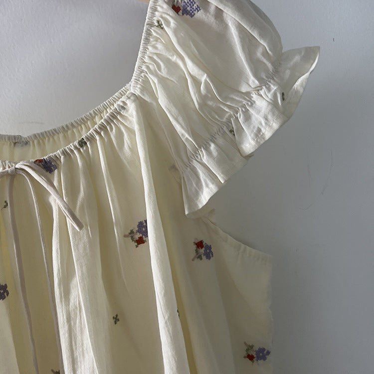【LD11398】溫柔甜美仙女系🌸韓系氣質刺繡綁帶一字領短袖上衣/襯衫260720