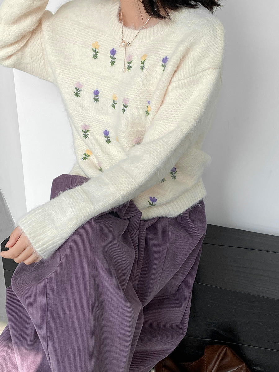 【cimz1377】實拍清新高級刺繡小花羊毛針織毛衣251128