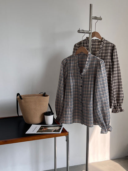 【cimz6509】復古浪漫主義🌹精緻木耳邊格紋長袖襯衫260319