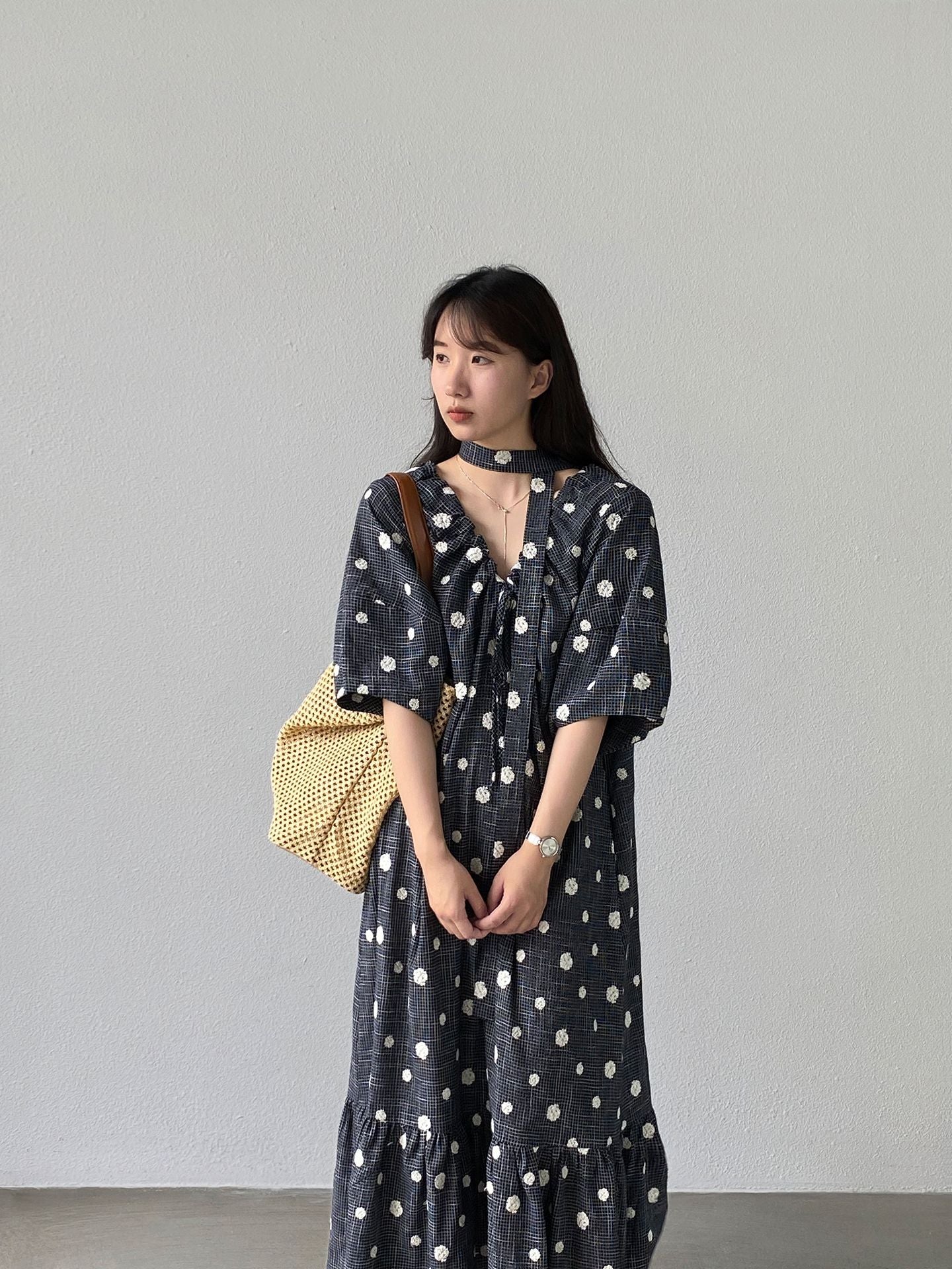 【cimz6579】法式復古慵懶☁️重工刺繡點點V領短袖連身長裙260625