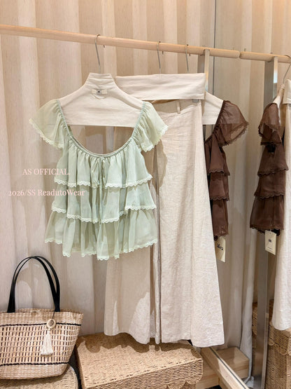 【L28012】法式甜美少女感🎀百搭減齡精緻蕾絲邊飛飛袖短袖上衣260526