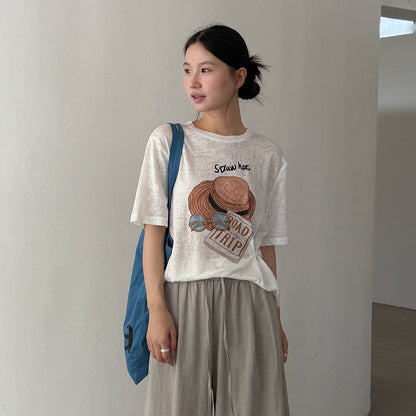 【LD11375】美式復古休閒風😎帽子印花寬鬆短袖天絲T恤+圍脖兩件套260707