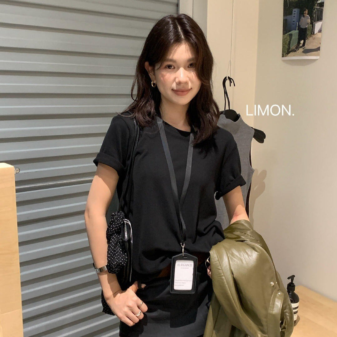 【L11059】檸檬早秋韓系簡約後背虛線小馬刺繡寬圓領寬鬆短袖T恤260728