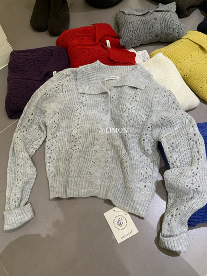 【LSC1072】檸檬簍空polo領針織開衫251117