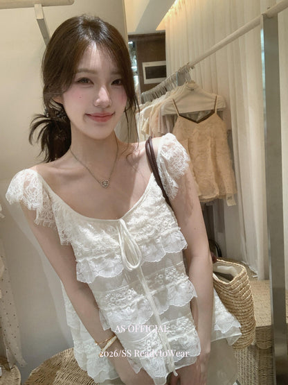 【L27010】韓系甜美純慾風🎀重工蕾絲多層荷葉邊綁帶無袖上衣260526