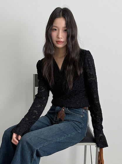 【LD3295】實拍法式喇叭袖加絨蕾絲衫251103
