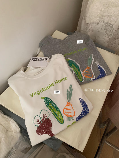 【L10335】學院風清新氧氣感🥦超可愛蔬菜印花寬鬆正肩圓領短袖T恤260518
