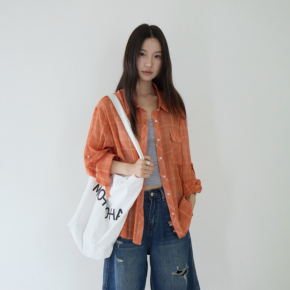 【LD11299】夏日活力維他命🍊薄款桔色格子防曬襯衫260714