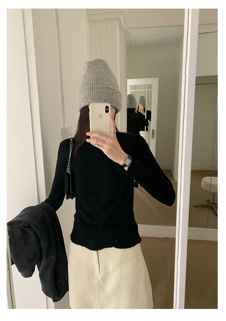 【H568】實拍基礎款木耳邊半高領純色打底衫251021