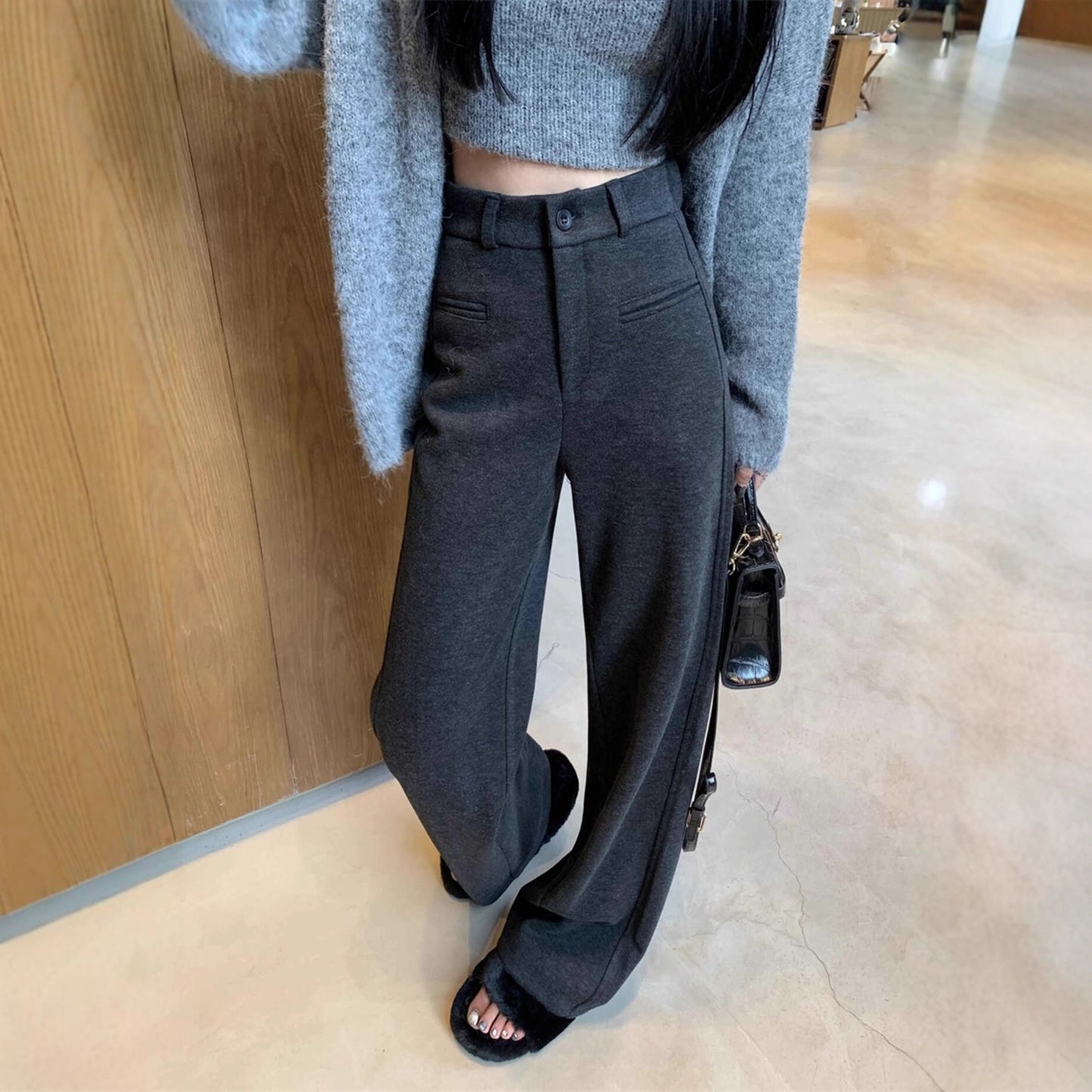 【LY9588】實拍Y.JIA 簡約毛呢加絨加厚微喇休閒褲251208