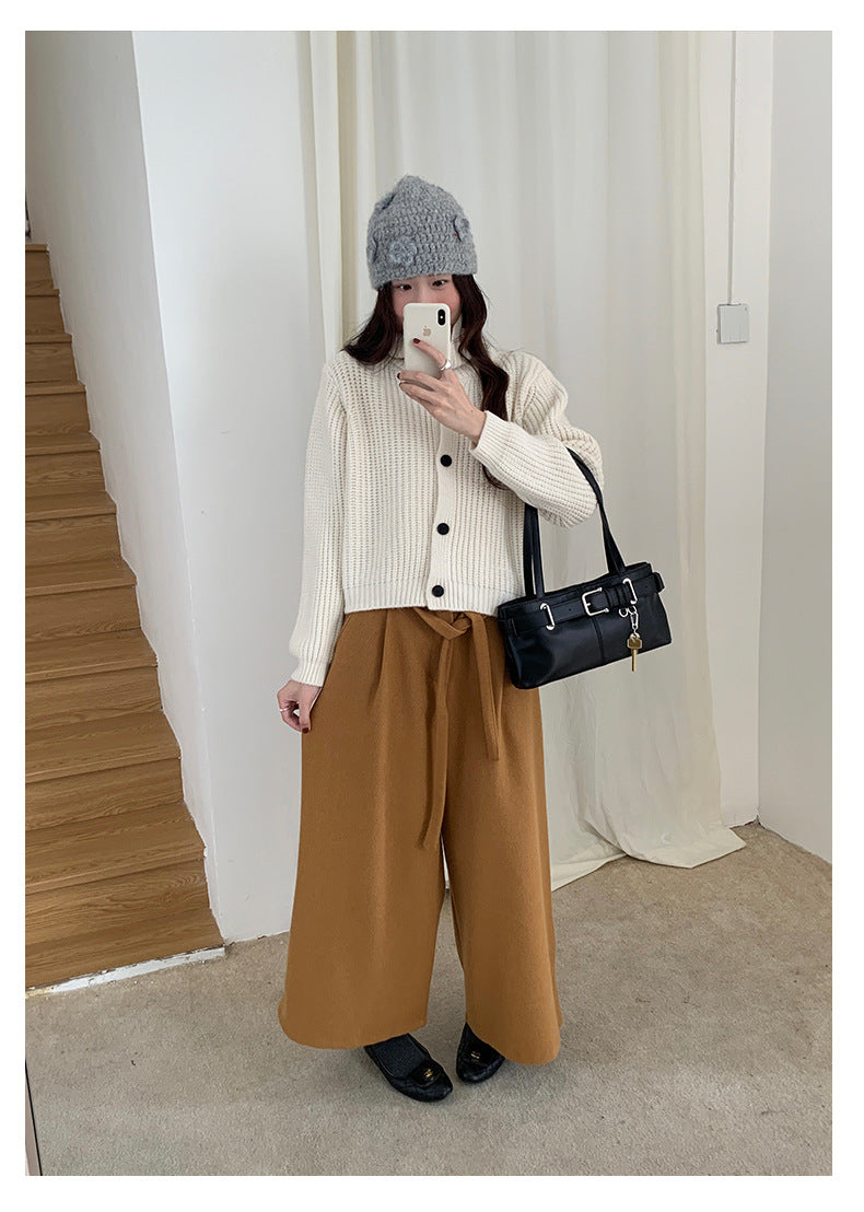 【H5491】實拍秋冬毛呢鬆緊腰加厚闊腿休閒褲251109