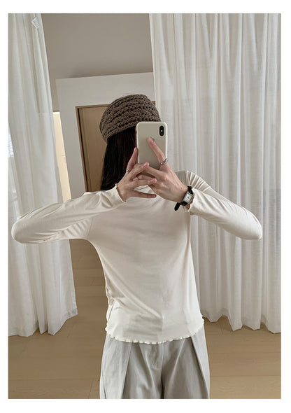 【H568】實拍基礎款木耳邊半高領純色打底衫251021