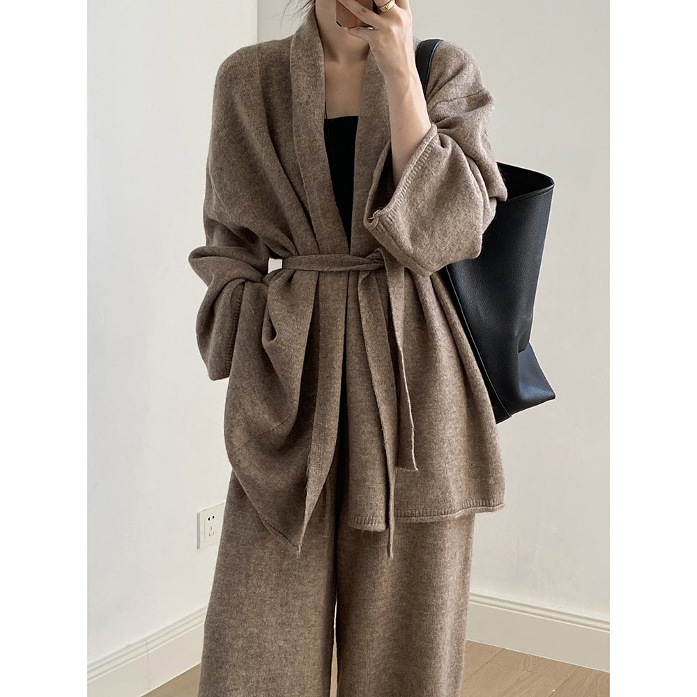 【YP1018】 實拍秋冬高級感慵懶針織開衫＋繫帶＋高腰針織闊腿褲 套裝251023