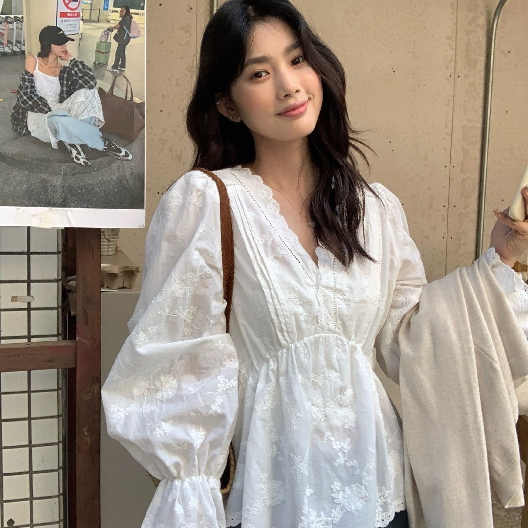 【L10108】實拍檸檬家法式少女感仙氣🌸重工V領刺繡設計泡泡袖白色襯衫260330