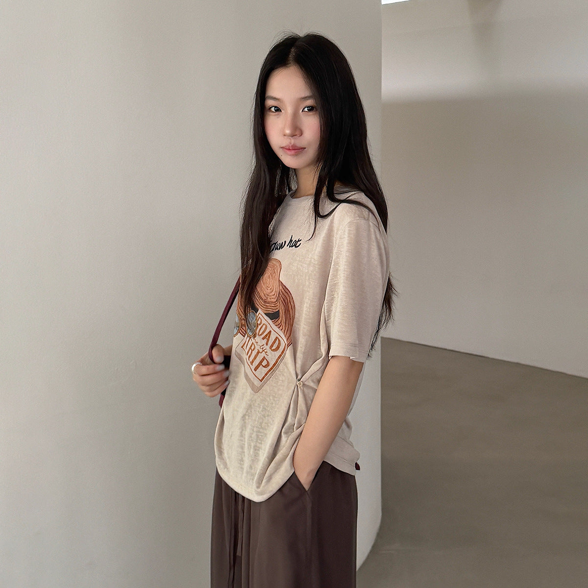 【LD11375】美式復古休閒風😎帽子印花寬鬆短袖天絲T恤+圍脖兩件套260707