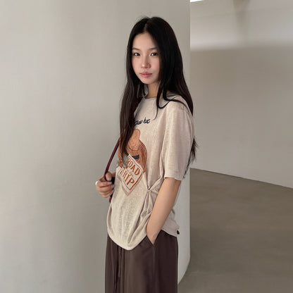 【LD11375】美式復古休閒風😎帽子印花寬鬆短袖天絲T恤+圍脖兩件套260707