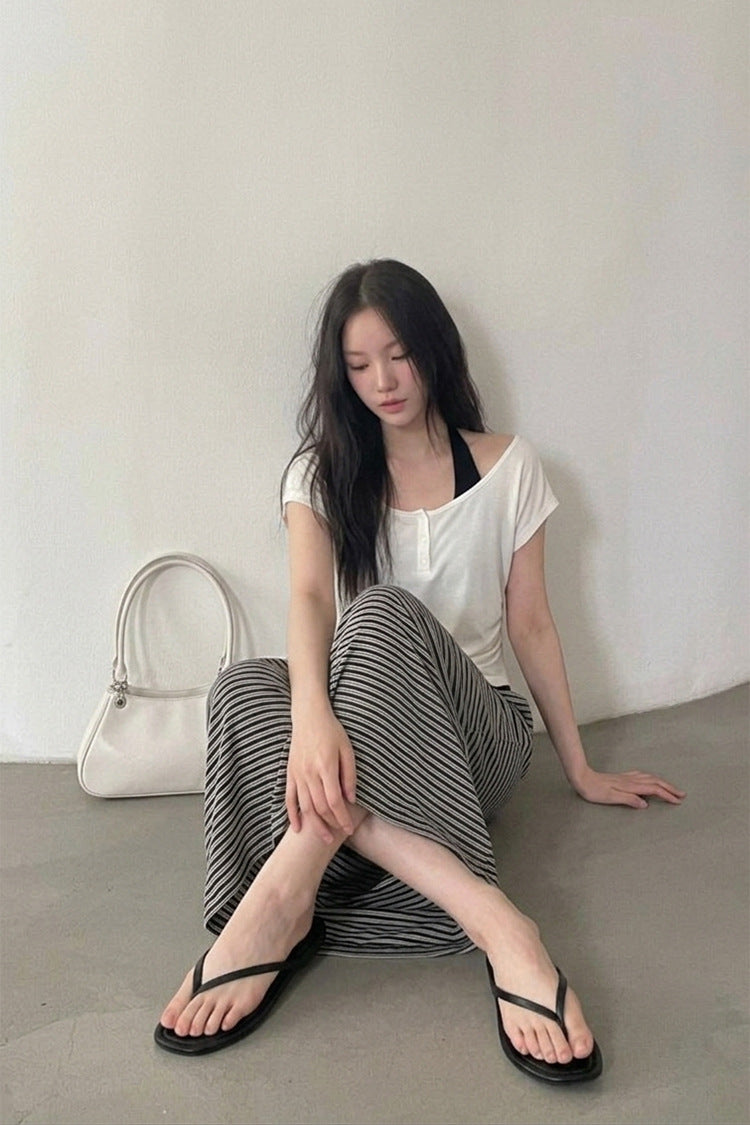 【LD11368】時髦韓系歐膩☕氣質修身假兩件繞頸T恤+條紋長裙套裝260630