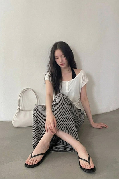 【LD11368】時髦韓系歐膩☕氣質修身假兩件繞頸T恤+條紋長裙套裝260630