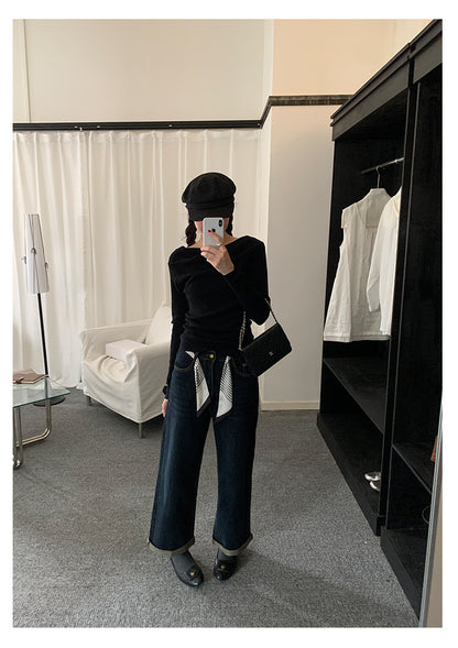 【H5487】實拍秋冬褶皺露肩針織衫251109