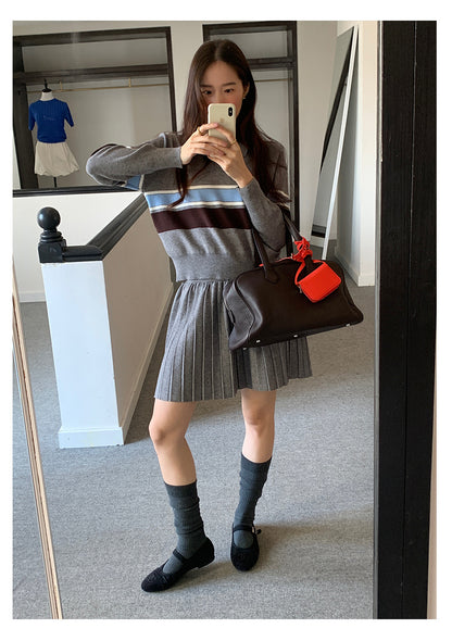 【H5518】實拍復古中性條紋針織衫＋針織百褶裙251125