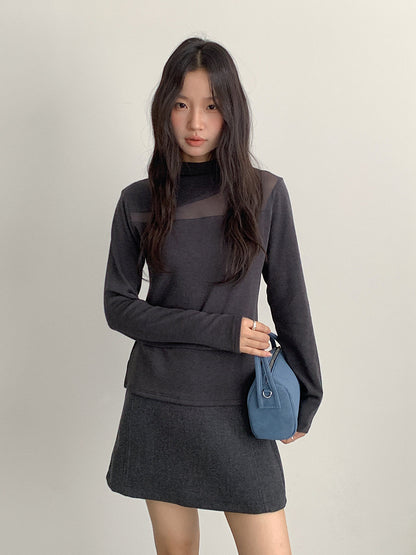 【LD11024】實拍氣質網紗拼接加絨半高領長袖T恤251124