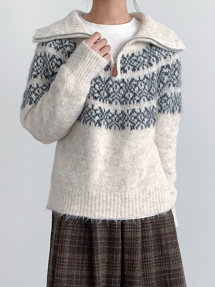 【LD11004】實拍兔絨毛混紡費爾島針織毛衣半拉鏈大翻領251110