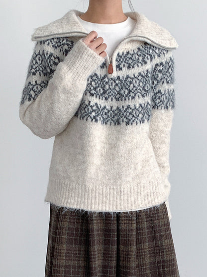 【LD11004】實拍兔絨毛混紡費爾島針織毛衣半拉鏈大翻領251110