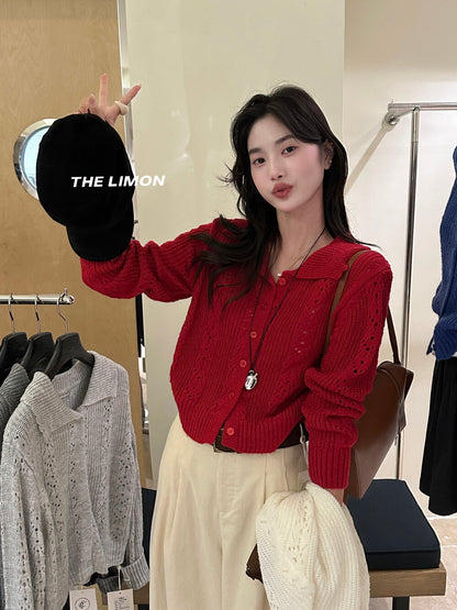【LSC1072】檸檬簍空polo領針織開衫251117