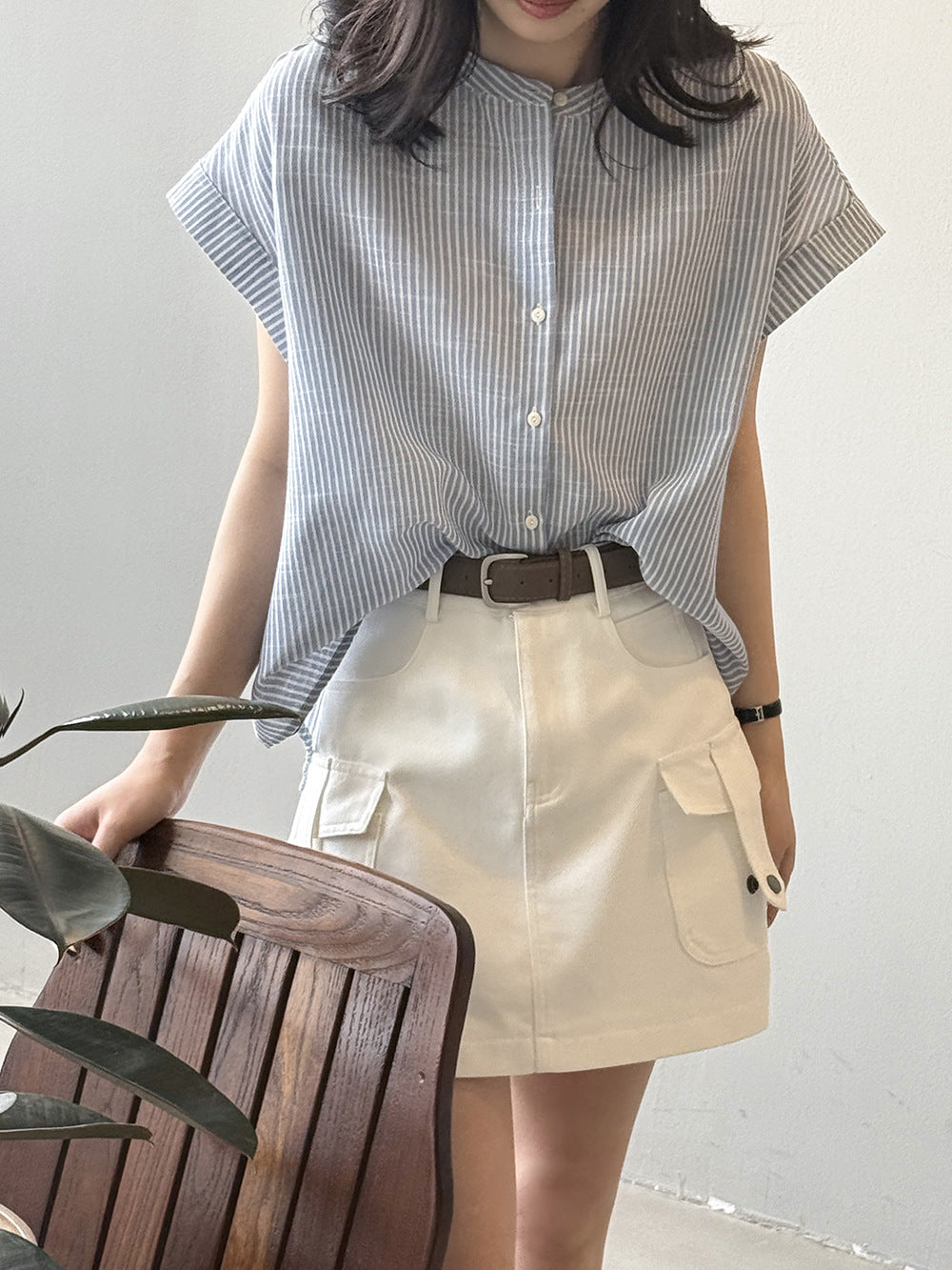 【Y82302】實拍夏季日系條紋圓領短袖襯衫250410