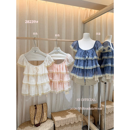 【L28239】法式甜美初戀感🌸氛圍感蕾絲拼接荷葉邊綁帶短袖上衣260526
