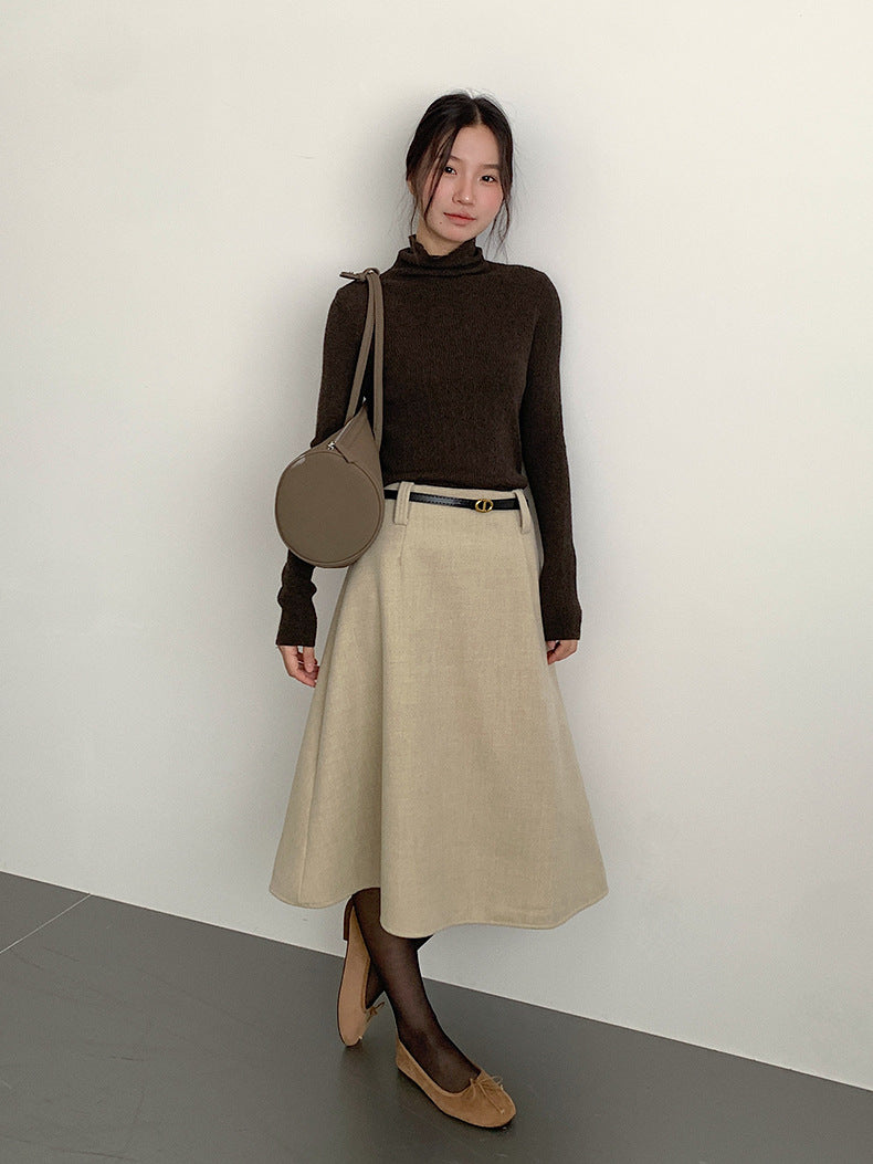 【LD11070】實拍氣質毛呢A字傘裙＋腰帶251209