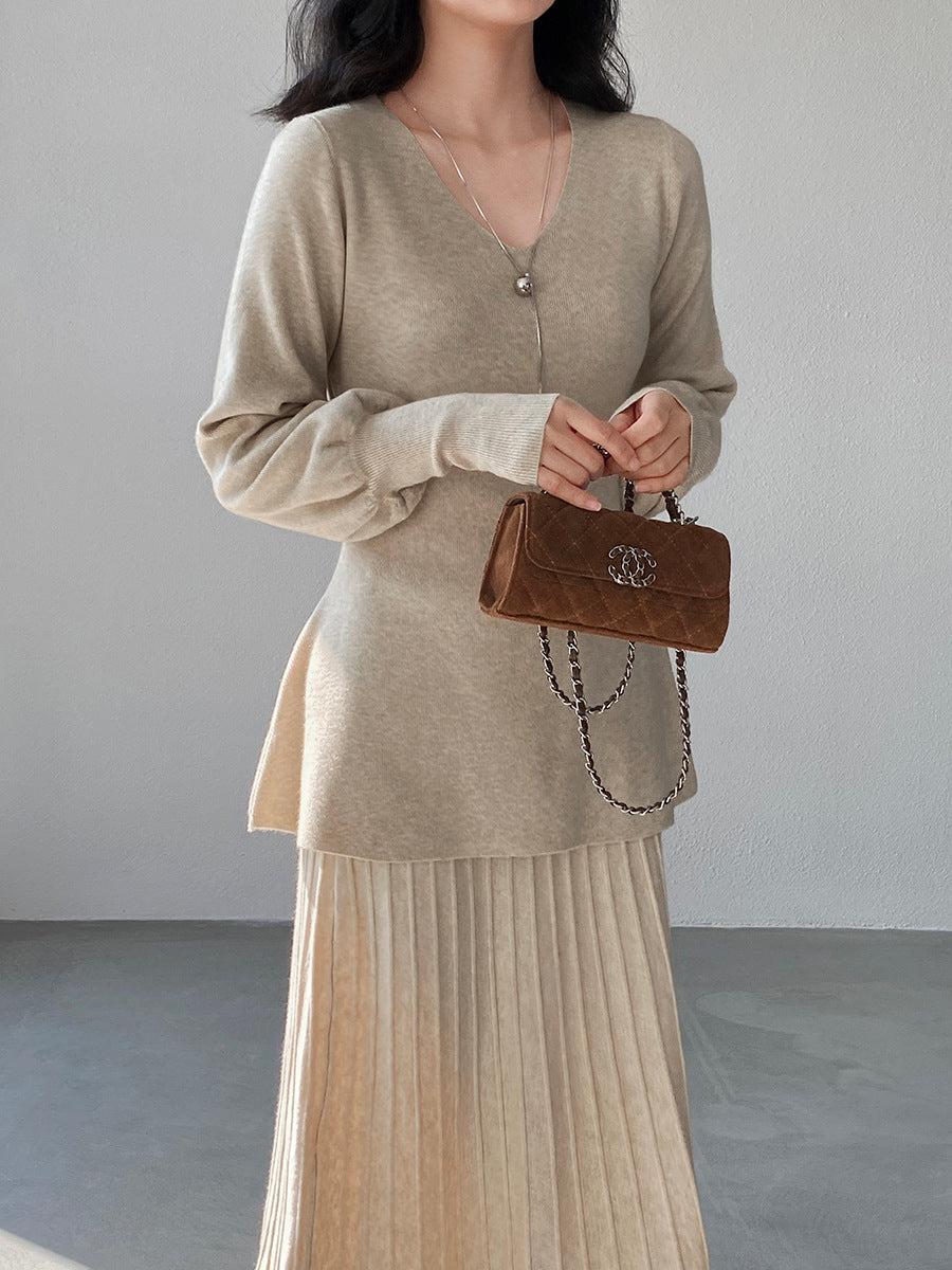 【cimz6652】實拍氣質半高領/V領燈籠袖極簡氣質針織衫251128