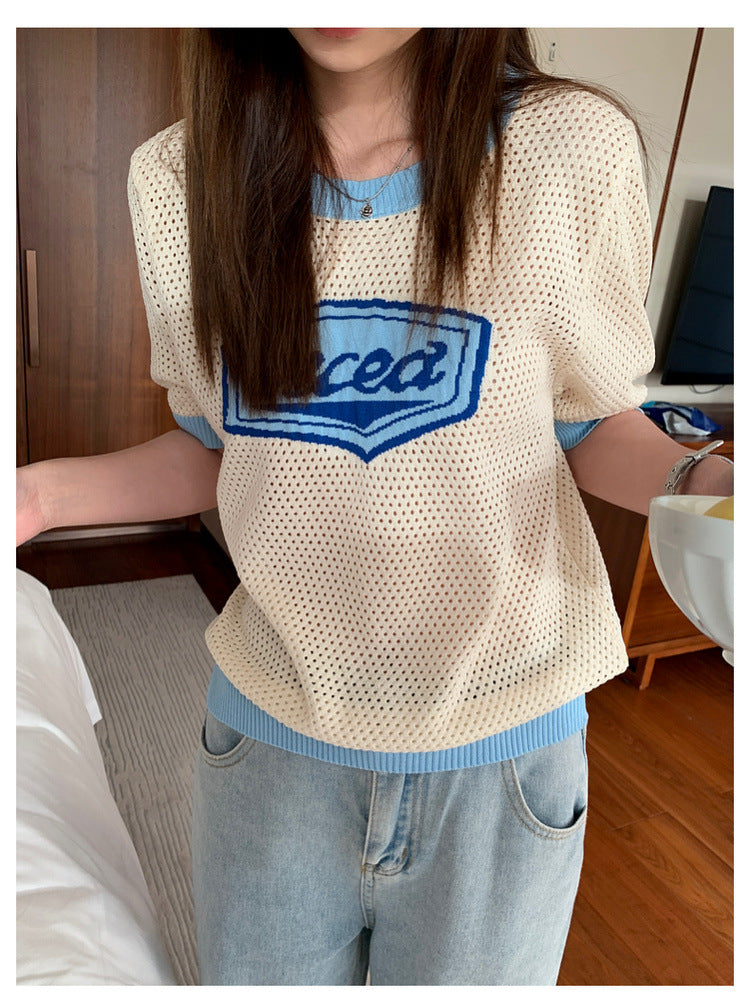 【H993】實拍韓國微鏤空美式圖案針織T恤230616