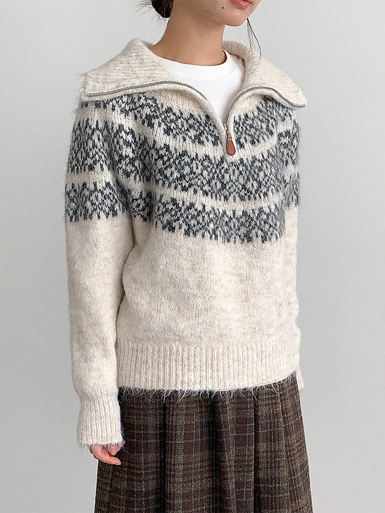 【LD11004】實拍兔絨毛混紡費爾島針織毛衣半拉鏈大翻領251110