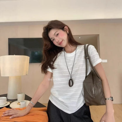 【L10377】實拍檸檬韓系簡約休閒☁️設計感層次拼接寬鬆顯瘦圓領短袖T恤260408