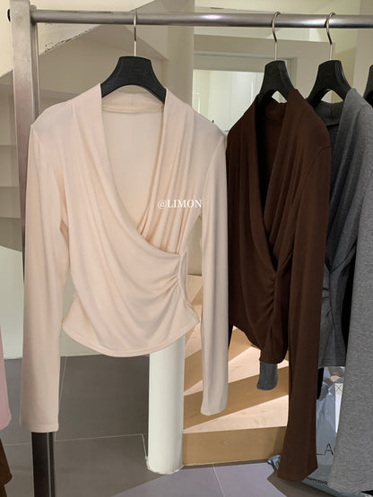 【L9312】檸檬法式簡約交叉羊絨薄绒V領長袖T恤251117