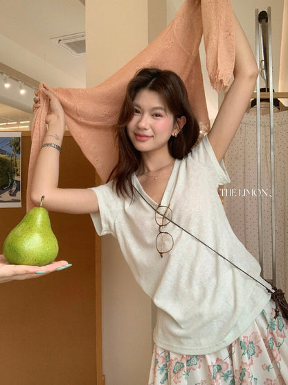 【L10501】極簡高級鬆弛感☕透氣雪花亞麻V領正肩顯瘦短袖T恤260428