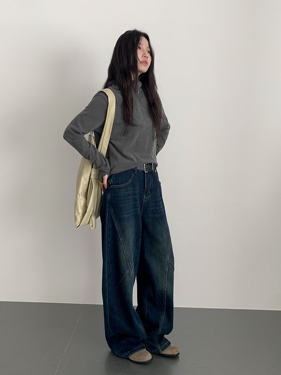 【LD11023】實拍S~XL顯瘦加絨加厚高腰寬鬆彎刀牛仔褲＋腰帶251124