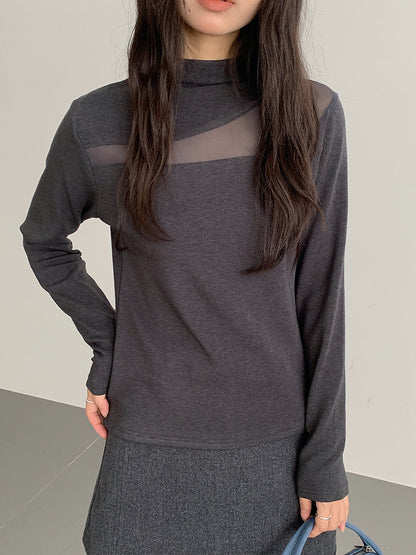 【LD11024】實拍氣質網紗拼接加絨半高領長袖T恤251124