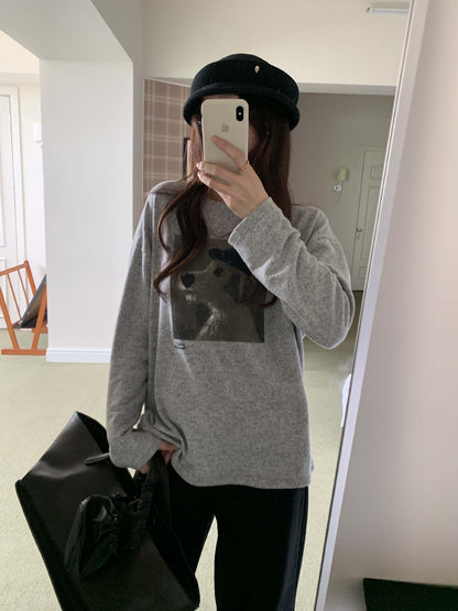 【H5499】實拍 復古磨毛狗狗印花長袖T恤251118