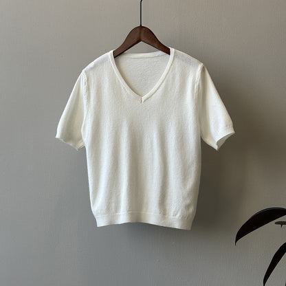 【YD559】實拍韓國早春質感短袖薄款V領T恤240306