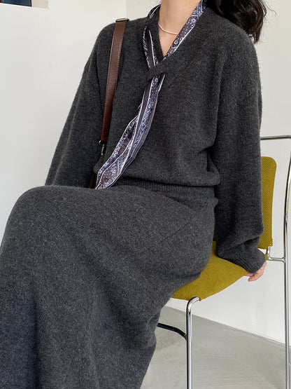 【cim823】實拍韓系軟糯短版針織毛衣+絲巾+針織長裙251030