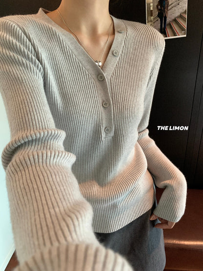 【L99909】檸檬秋冬超修身V領纽扣長袖針織衫251117